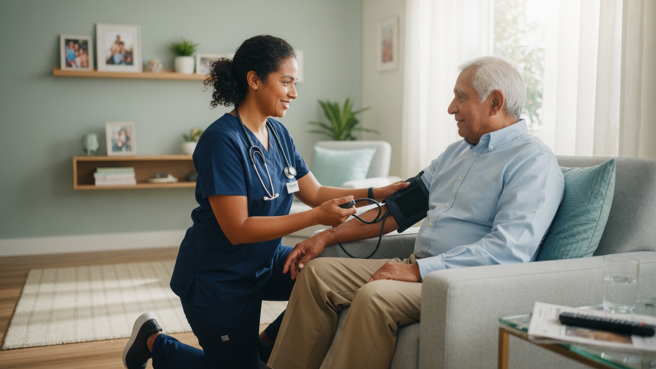 Professional caregiver providing attentive in-home care to a patient in a bright modern living room